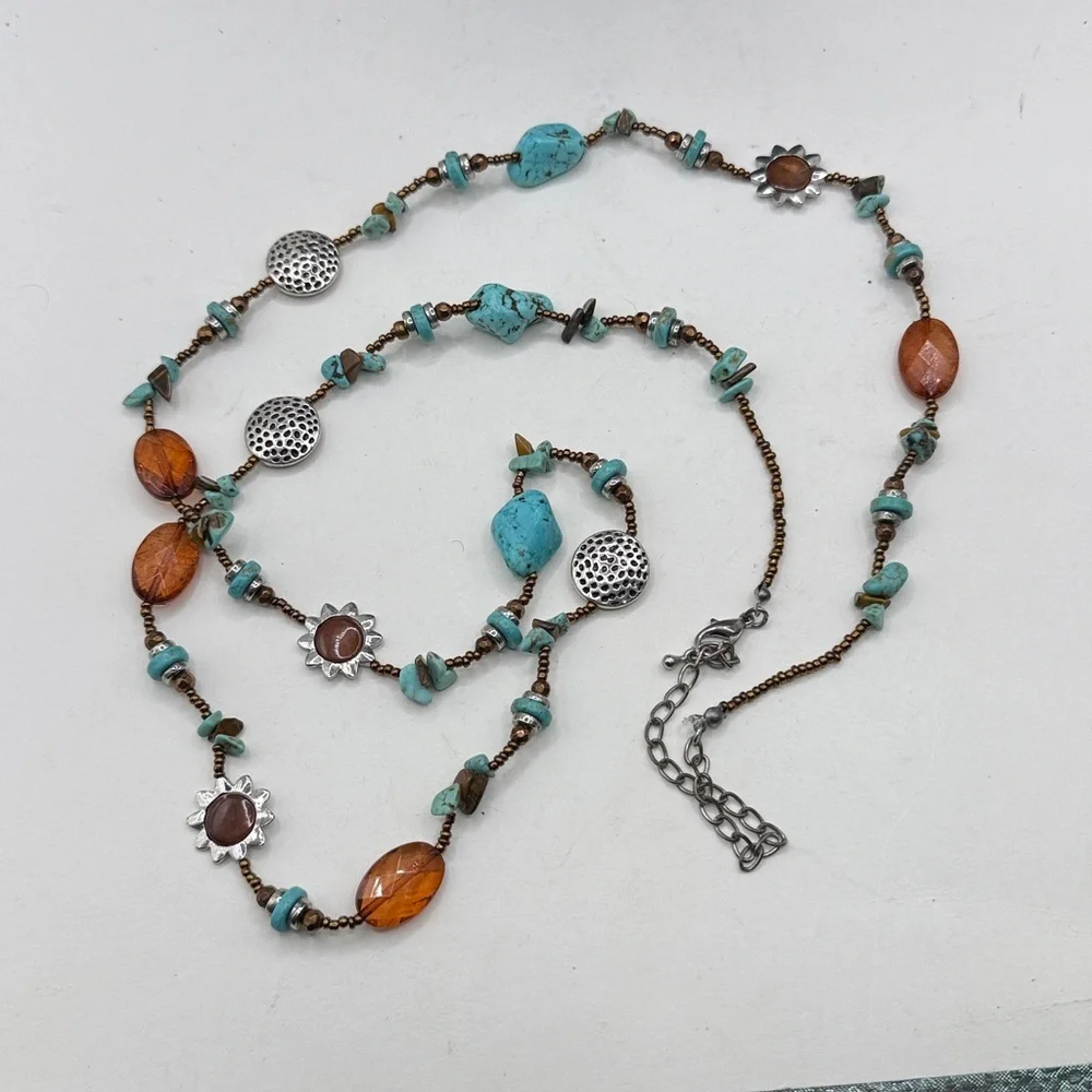 Boho Blue Amber Beaded Necklace Silver Tone Sunburst Charms Southwestern - Picture 4 of 5